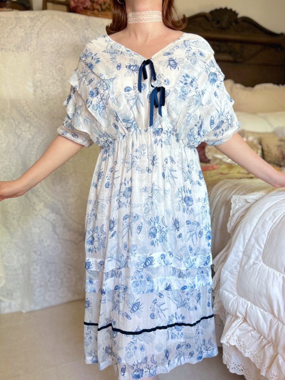 Blue and White Toile Dress, Unlogical Poem,Quirky, Special Occassion, Coquette